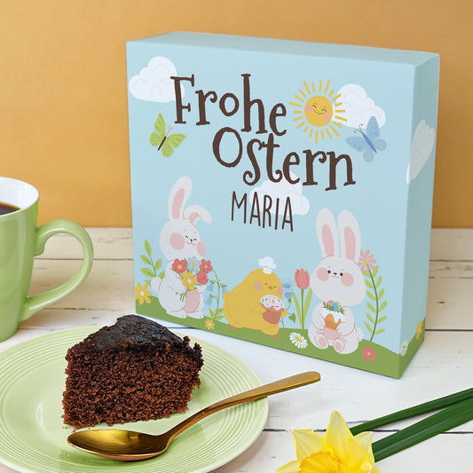 Personalisierter Osterkuchen Geschenkbox Frohe Ostern mit Hasen Küken Blumen Motiv und Name