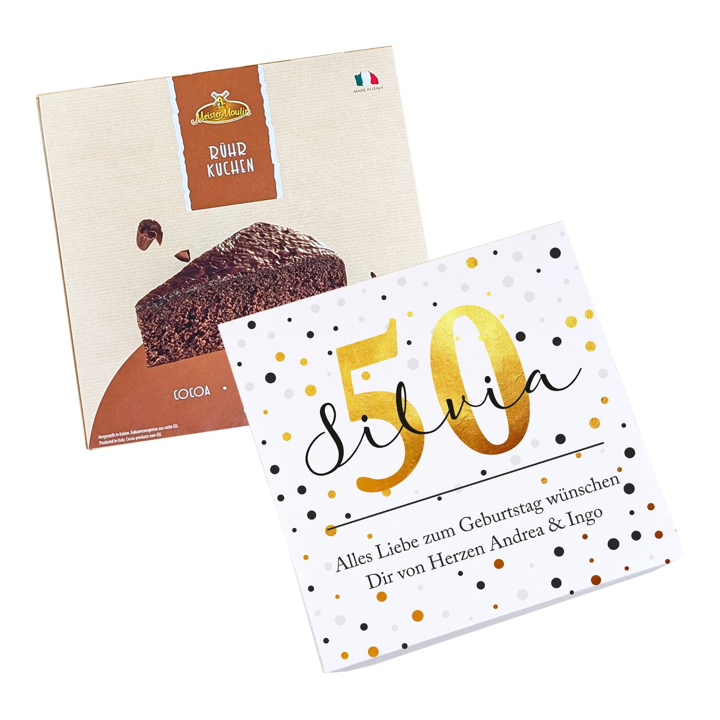 Geschenkbox mit 50 und Name Silvia neben Schokokuchen-Packung freigestellt