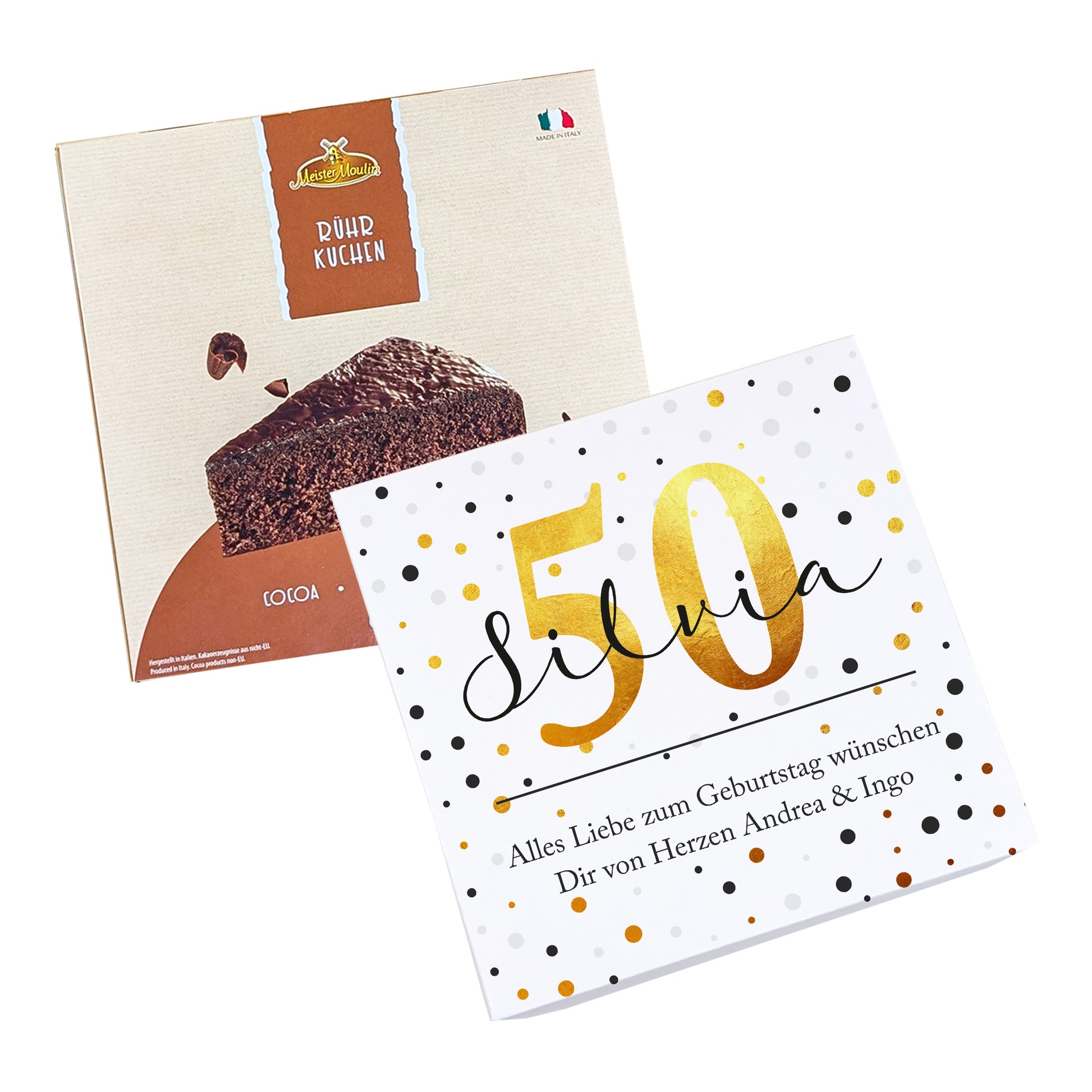 Geschenkbox mit 50 und Name Silvia neben Schokokuchen-Packung freigestellt