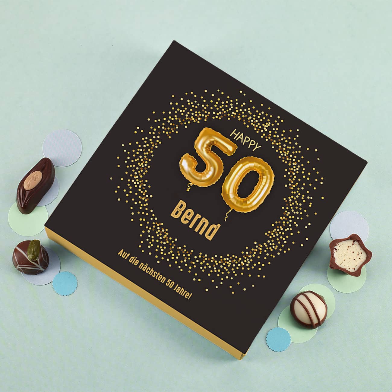 Pralinen zum 50. Geburtstag mit personalisierter Schachtel