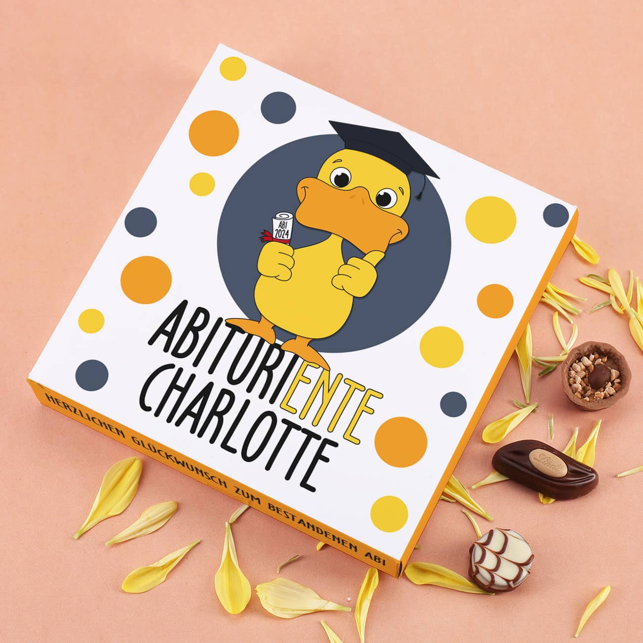 Lindt Pralinen zum Abitur mit Name und Jahr