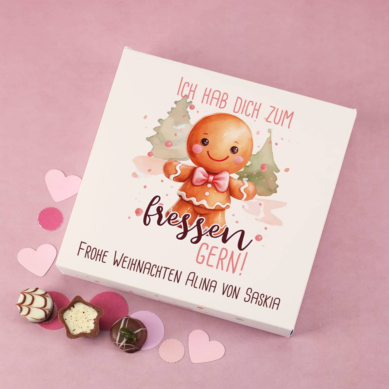 Lindt Pralinen mit niedlichen Spruch, einem süßen Lebkuchenmann in Watercolor-Optik und Wunschtext bedruckt