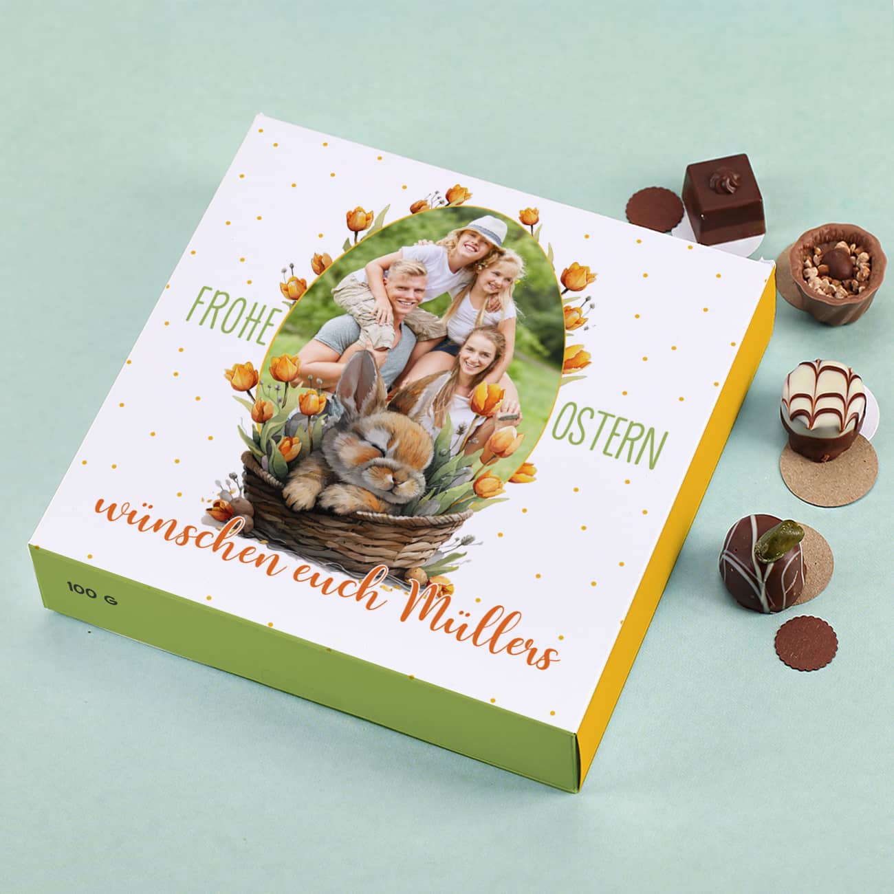 Lindt Pralinen zu Ostern mit Ihrem Foto, Blumen & Wunschtext