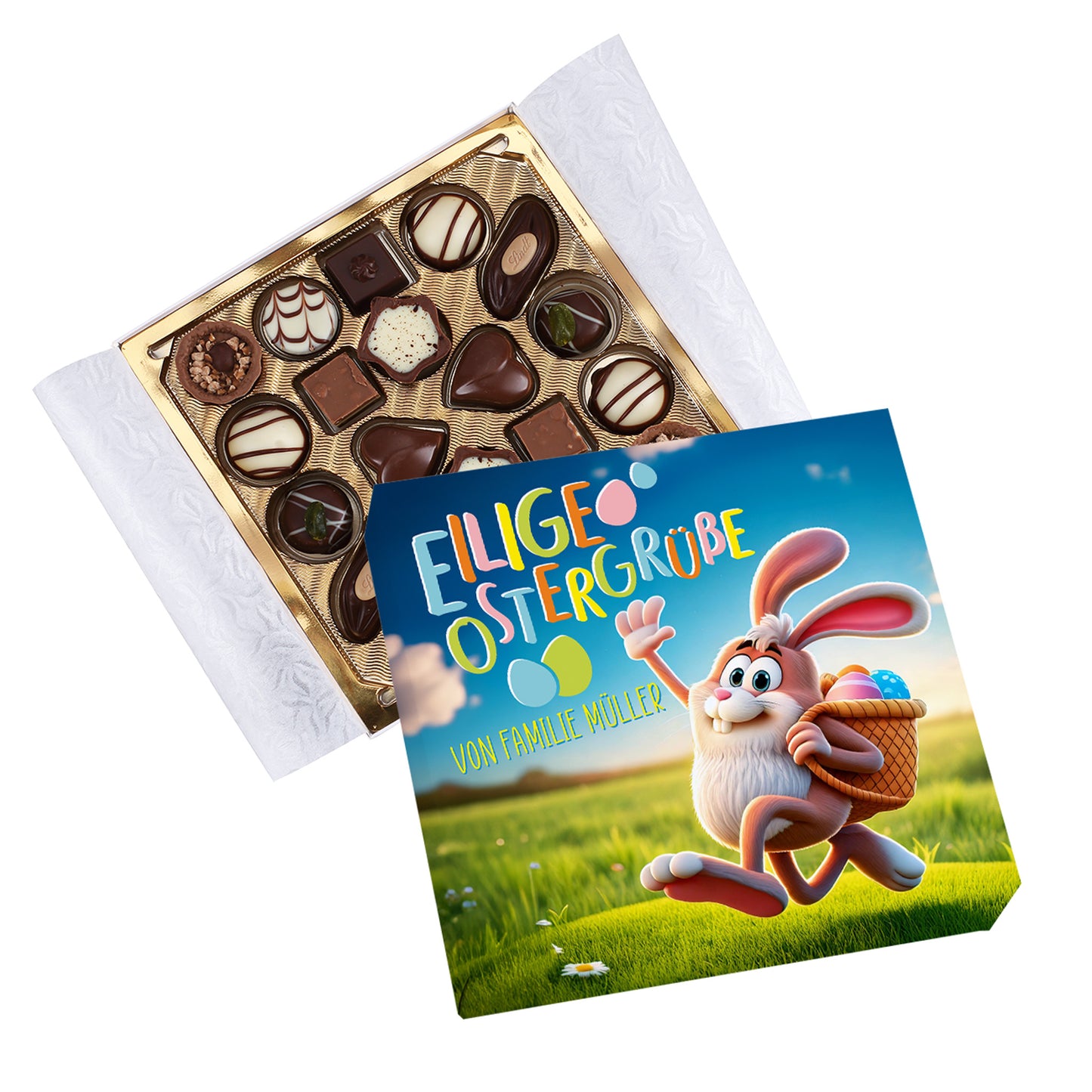 Pralinenbox "Eilige Ostergrüße" mit Wunschtext 100g Lindt Pralinen zum Osterfest