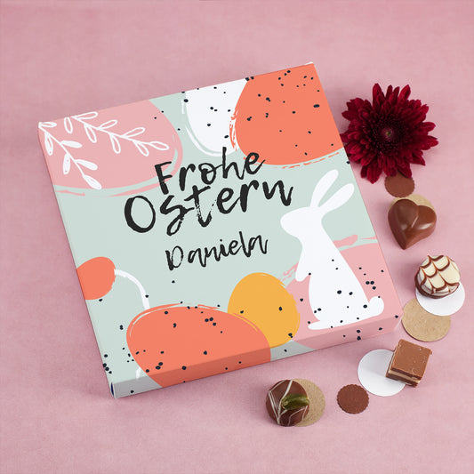 Personalisierte Lindt Pralinenbox „Frohe Ostern“ mit Name Daniela im modernen Pastell-Design mit Hasenmotiv