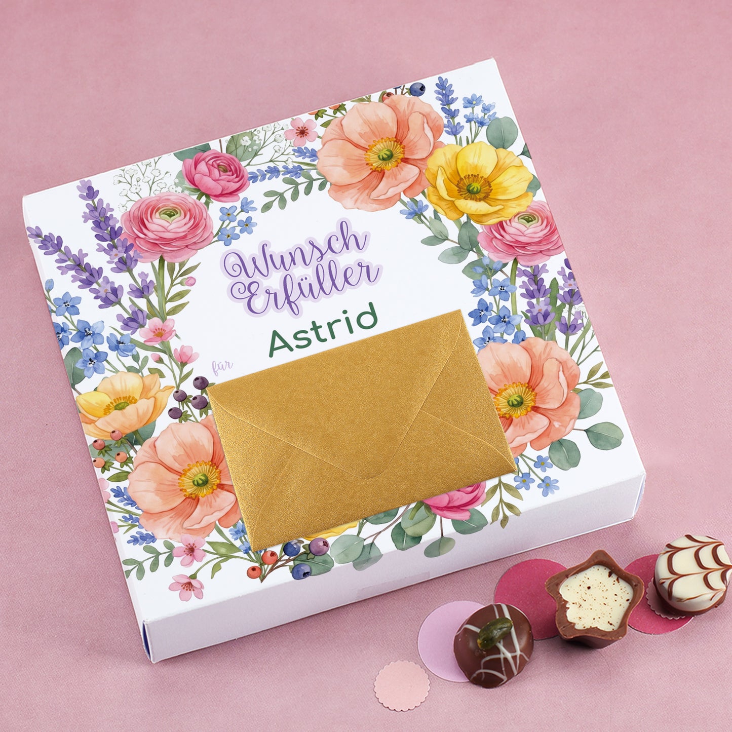 Lindt Pralinen Geldgeschenk für Frauen mit Blumenmotiv, Name Astrid und goldenem Umschlag