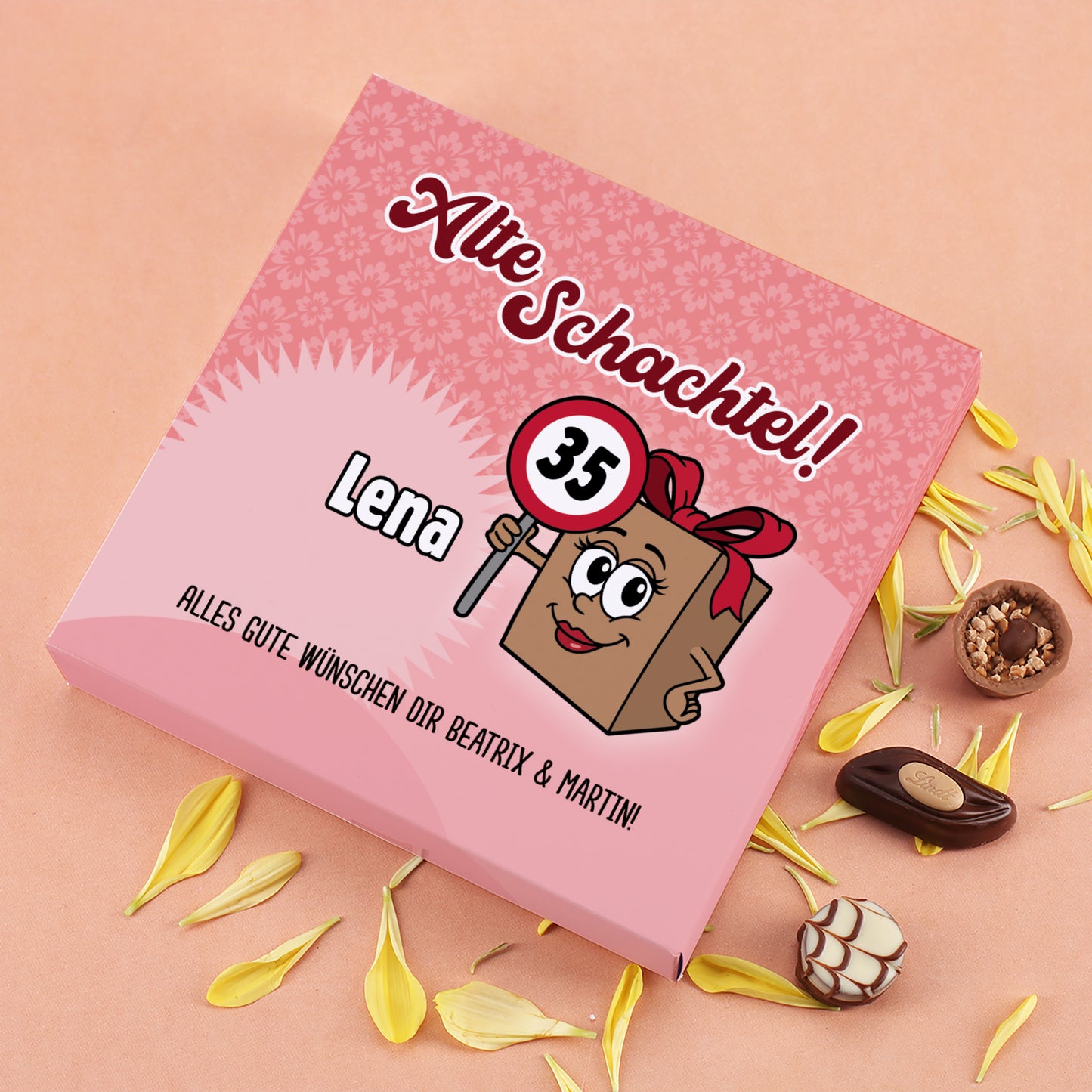 Personalisierte Lindt Pralinenschachtel Alte Schachtel mit Name Lena und Alter 35 mit Blütenblättern