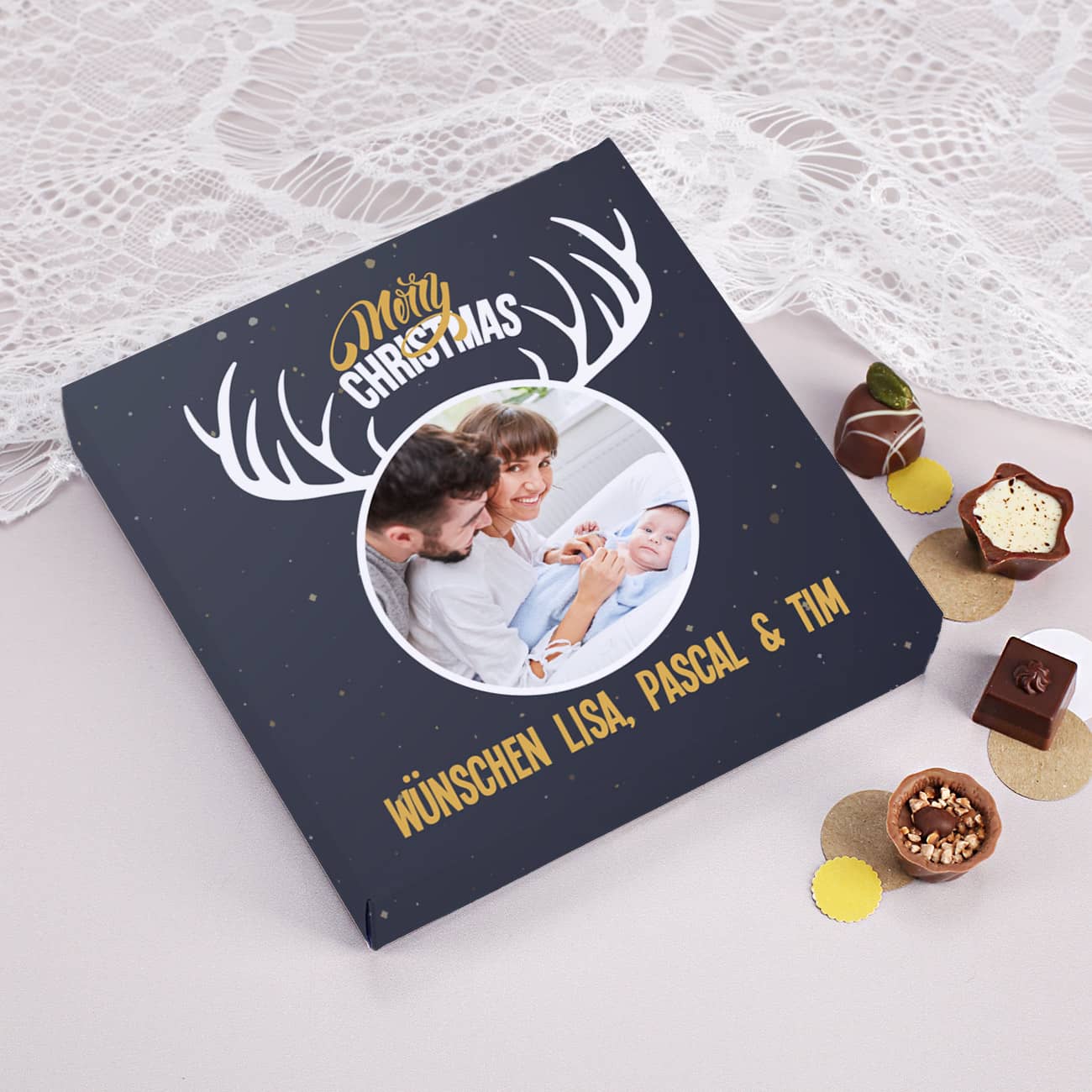 Pralinen von Lindt mit Text und Foto für Weihnachten