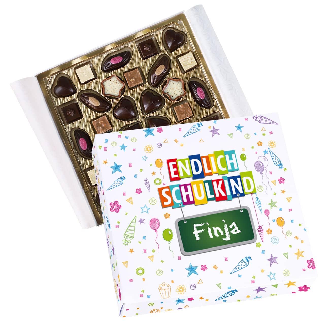 Pralinenschachtel bedruckt mit vielen Schulelementen, "Endlich Schulkind" und dem Namen Ihrer Wahl