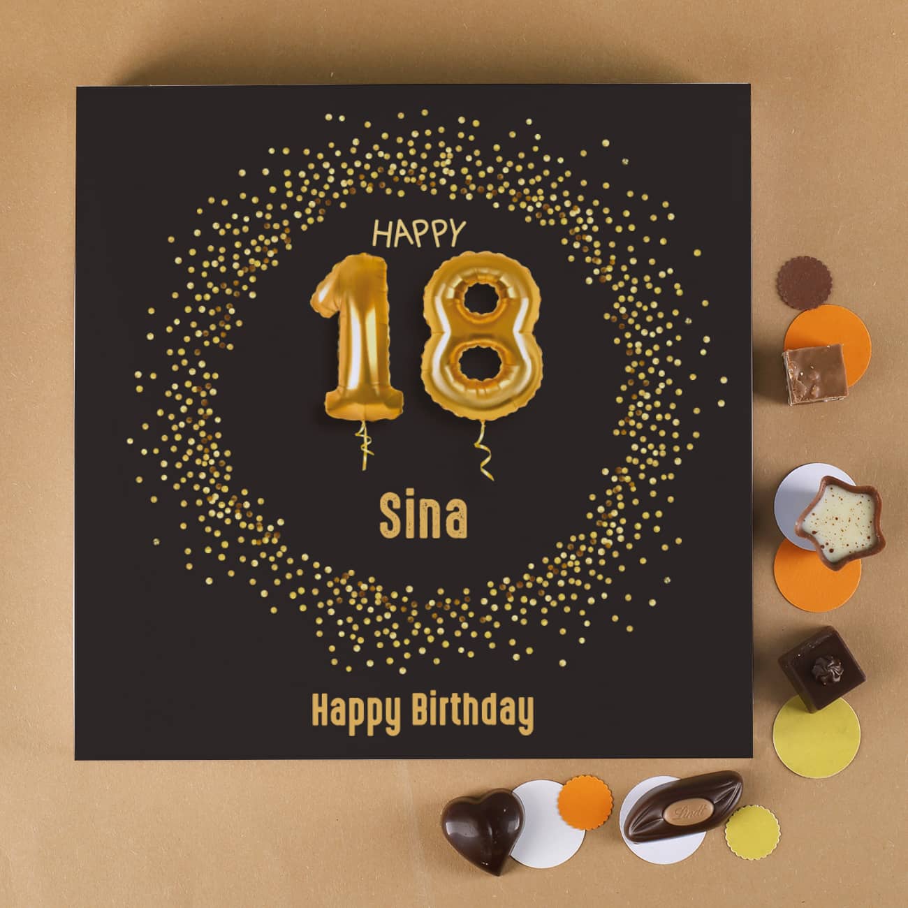 Happy 18 Lindt Pralinen mit Name und Wunschtext