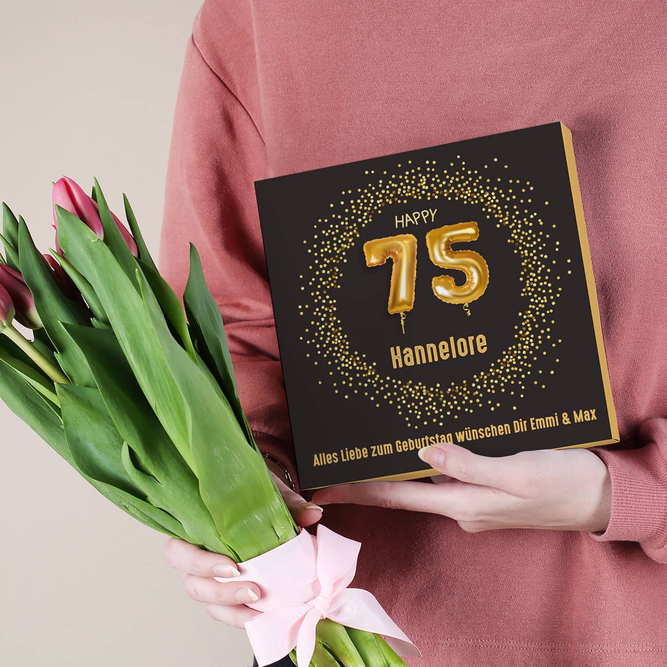 Happy 75 - Lindt Pralinen zum 75. Geburtstag mit Name und Wunschtext