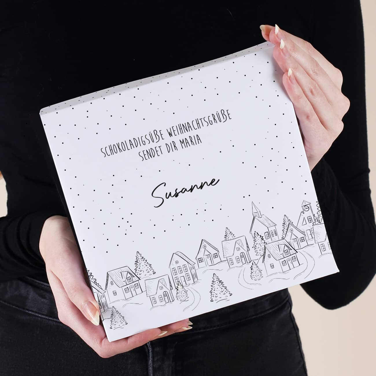 32 Lindt Mini Pralinen mit verschneiter Stadt, Text und Name bedruckt