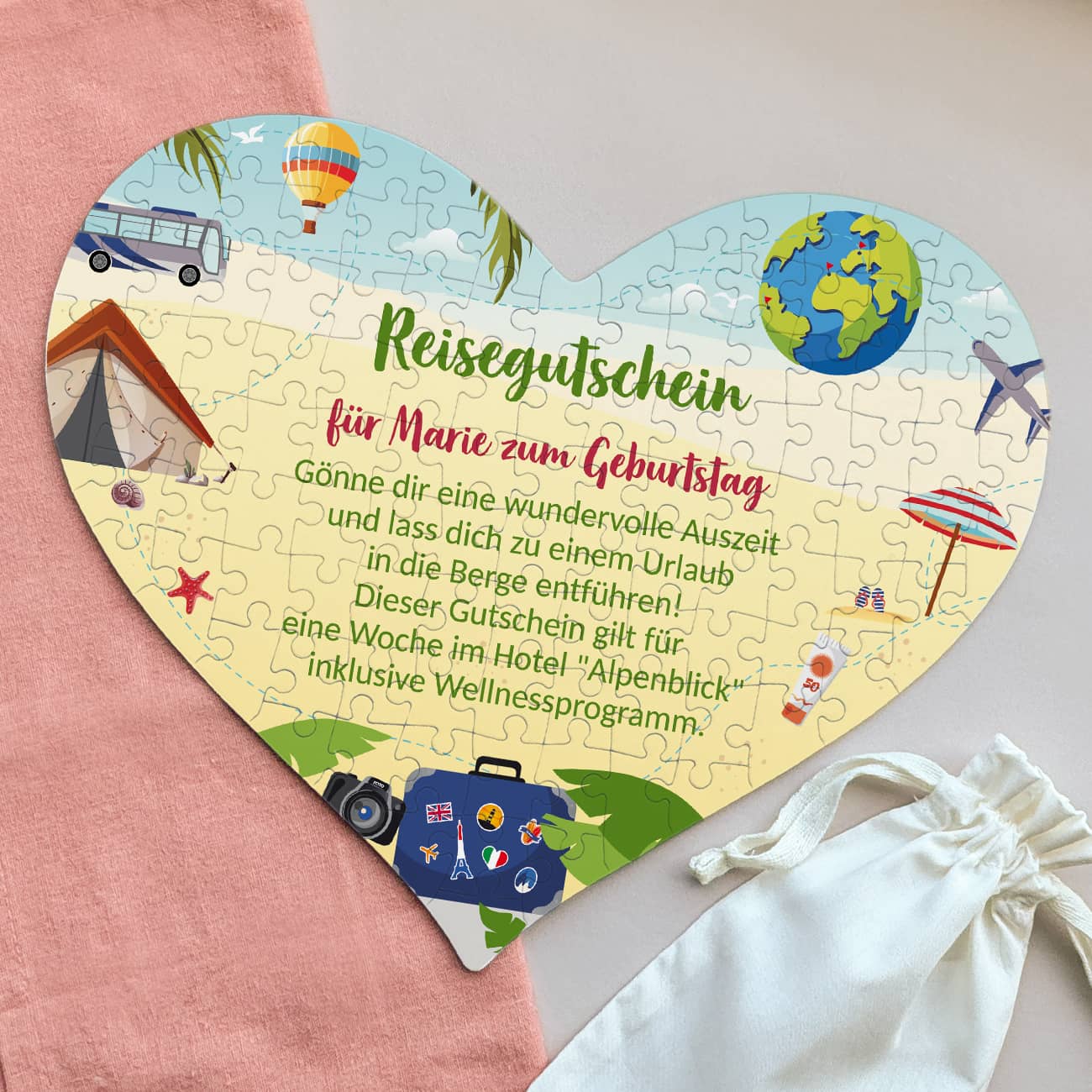 Reisegutschein in Puzzleform mit Ihrem Text gestaltet