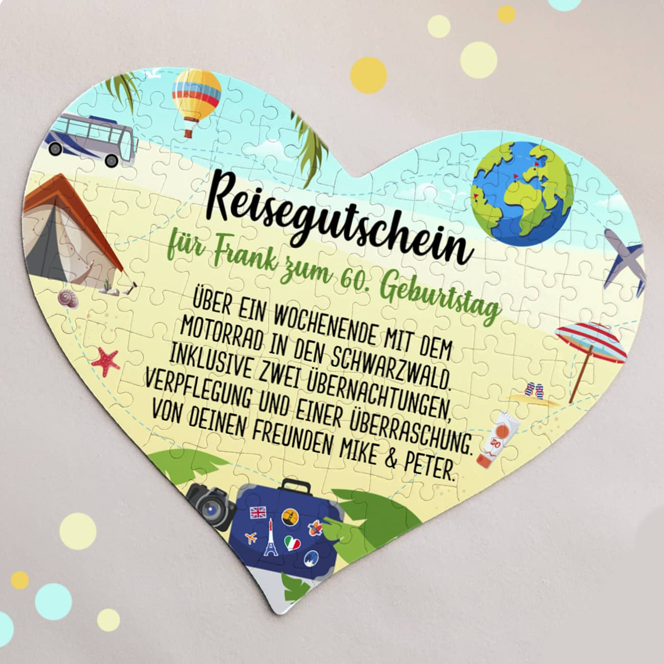 Reisegutschein in Puzzleform mit Ihrem Text gestaltet, 114 Teile