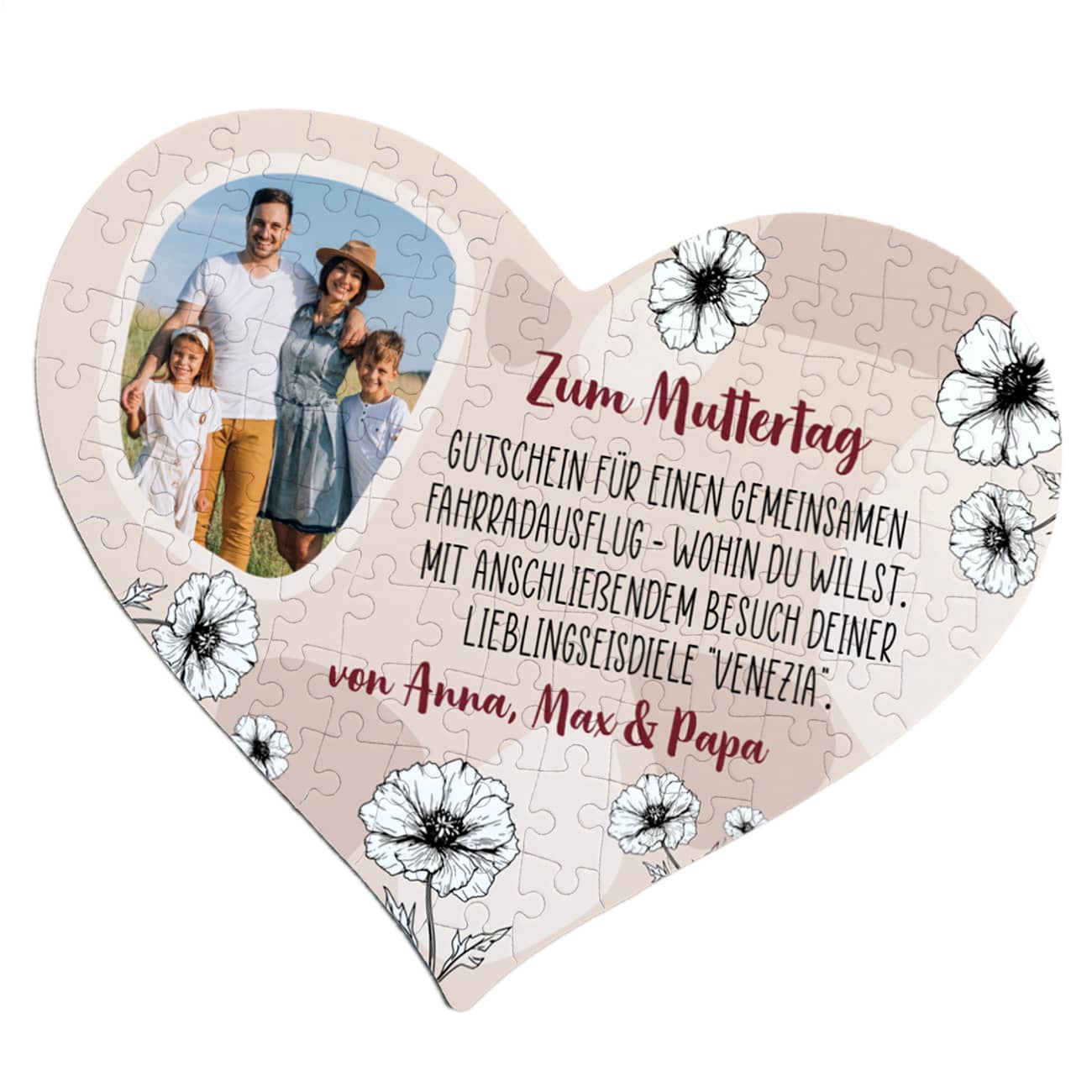 Gutschein-Puzzle in Herzform mit Blumen, Foto und Text