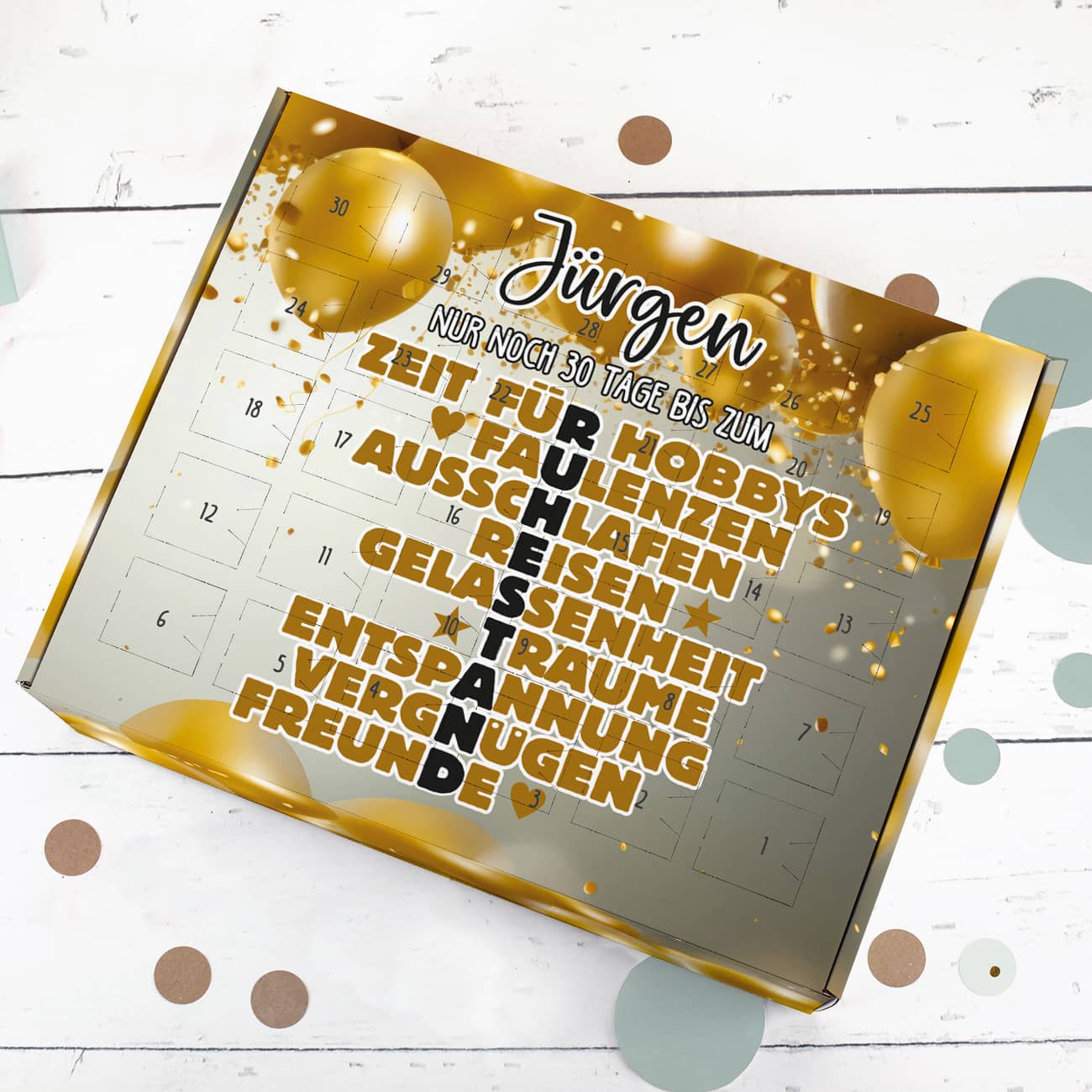 Countdown-Kalender zur Rente mit 30 Türchen zum selbst Befüllen