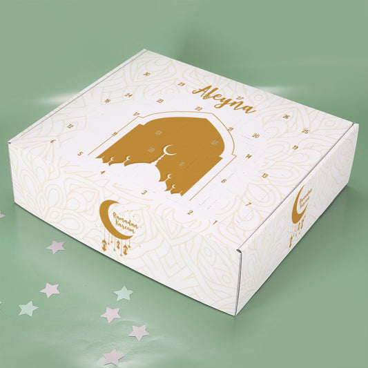 Ramadan Kalender für Mädchen und Jungen mit Name zum selbst Befüllen | Mondsichel