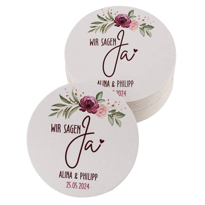 Runde Untersetzer aus Pappe zur Hochzeit mit Personalisierung