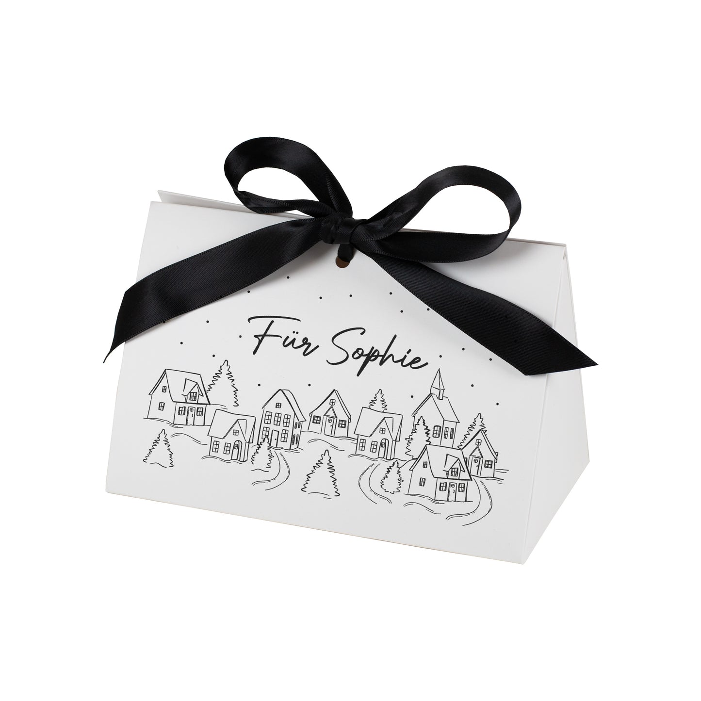 Freigestellte Geschenktasche in kleinster Größe mit Winterdorf-Motiv und Text „Für Sophie“, fotografiert vor weißem Studiohintergrund.