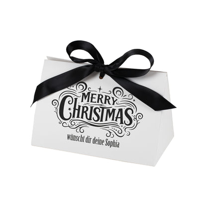 Personalisierte weiße Weihnachts-Geschenktasche mit „Merry Christmas“-Motiv und Text „wünscht dir deine Sophia“