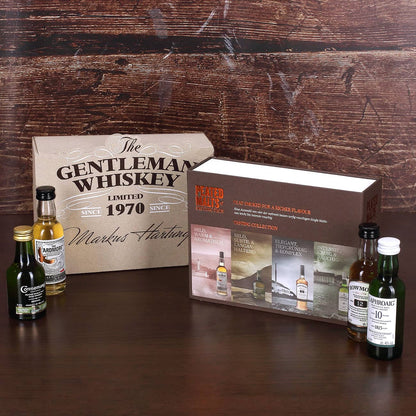 Whisky-Kollektion aus 4 weltbekannten torfigen Single Malts in Geschenkverpackung mit Wunschname und Geburtsjahr