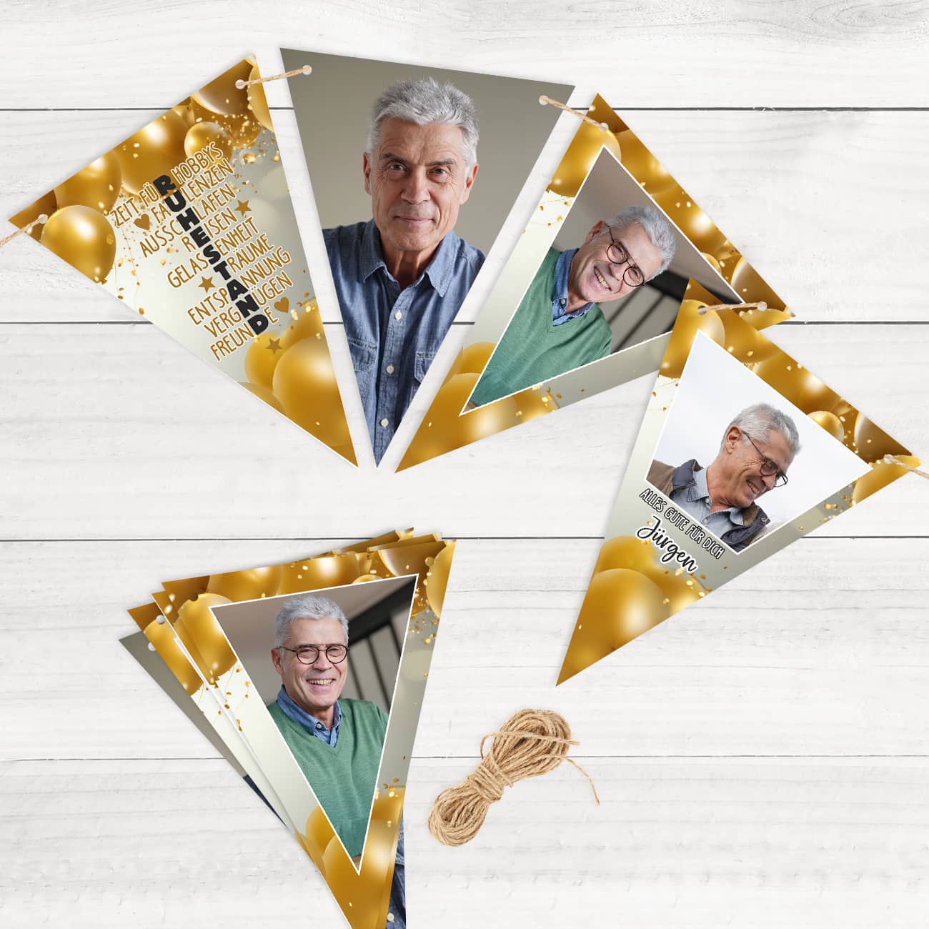 Girlande mit goldenem Ballonmotiv und Fotos zur Rente