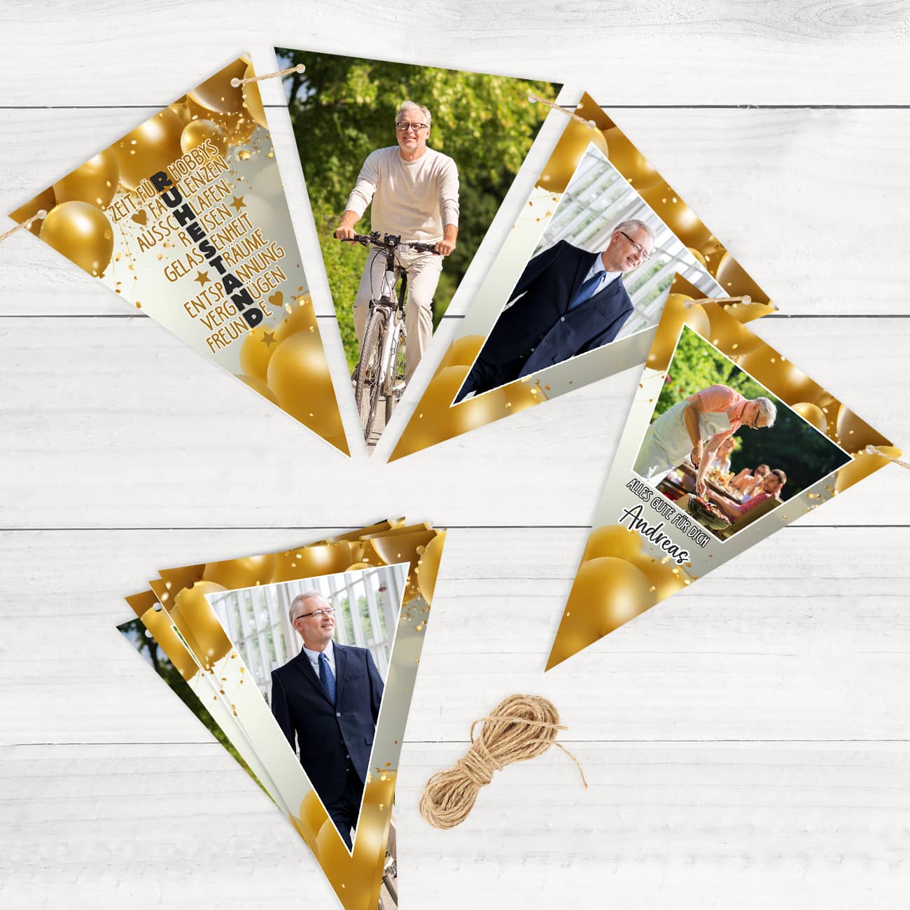 Girlande mit goldenem Ballonmotiv und Fotos zur Rente