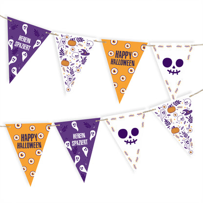 Halloween-Wimpelkette in Orange, Weiß und Lila mit Schriftzügen und Motiven – Produktaufnahme auf weißem Hintergrund.