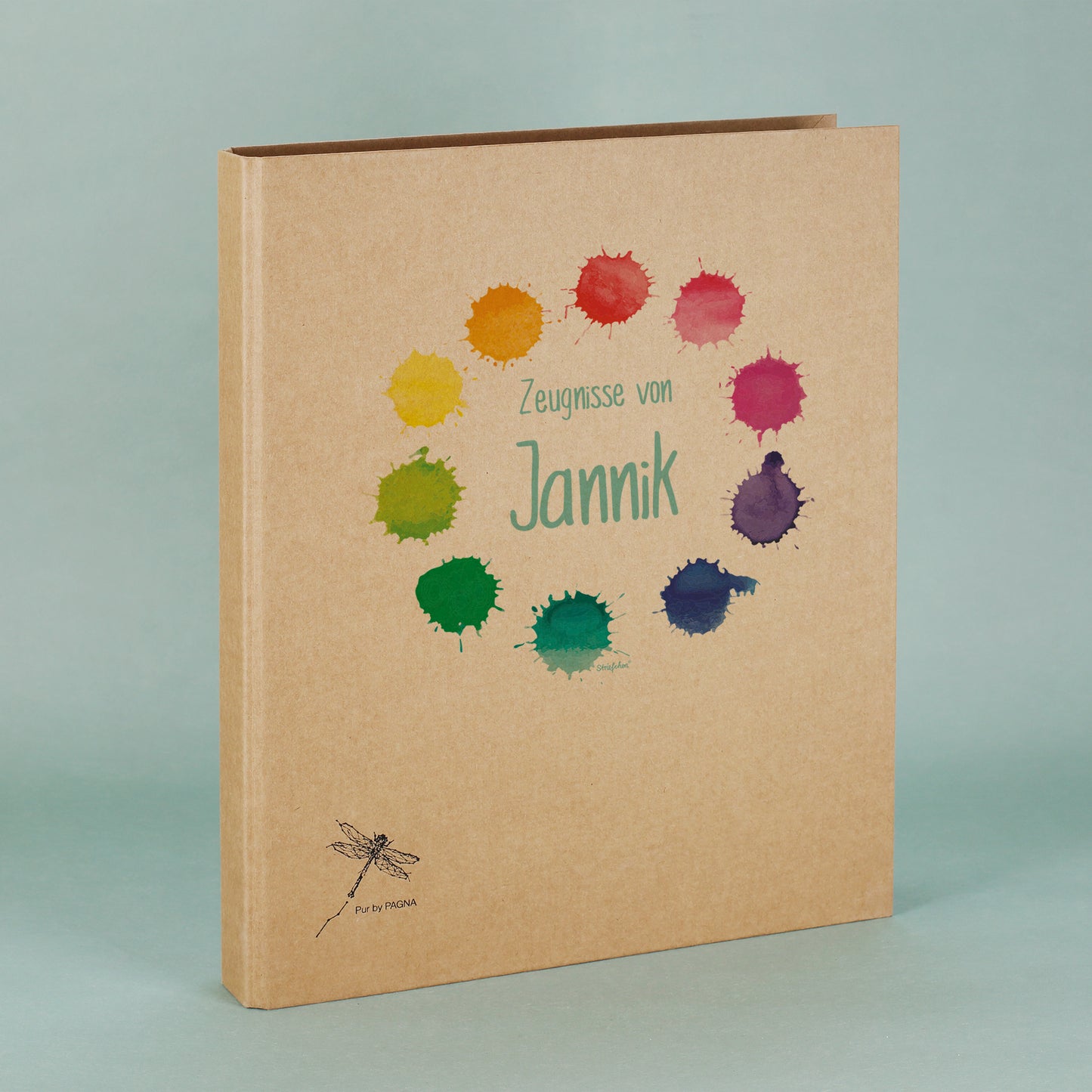 Zeugnismappe für Kinder mit bunten Farbklecksen und personalisiertem Namen – frontal abgebildet