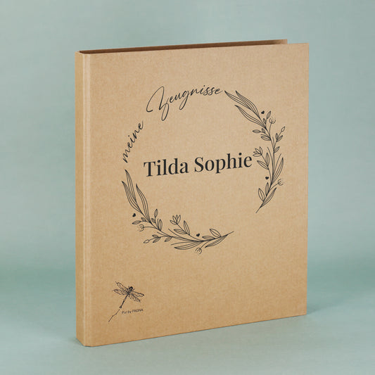 Zeugnismappe mit rundem Zweige-Motiv und Name – stehend