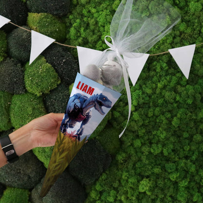 Kleine Schultüte mit Roboter T-Rex und Name