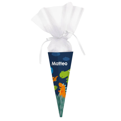 Kleine Zuckertüte mit Dinosaurier und Ihrem Namen bedruckt