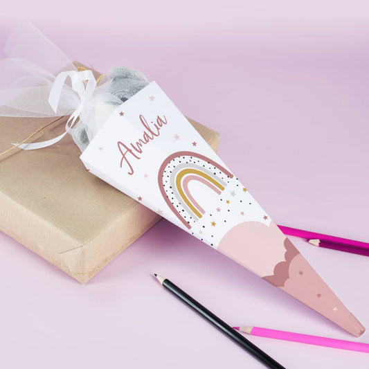 Kleine Schultüte für Geschwister mit Regenbogen Motiv und Name