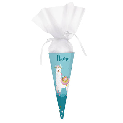 Geschwister-Zuckertüte mit Lama, Blumen und Name