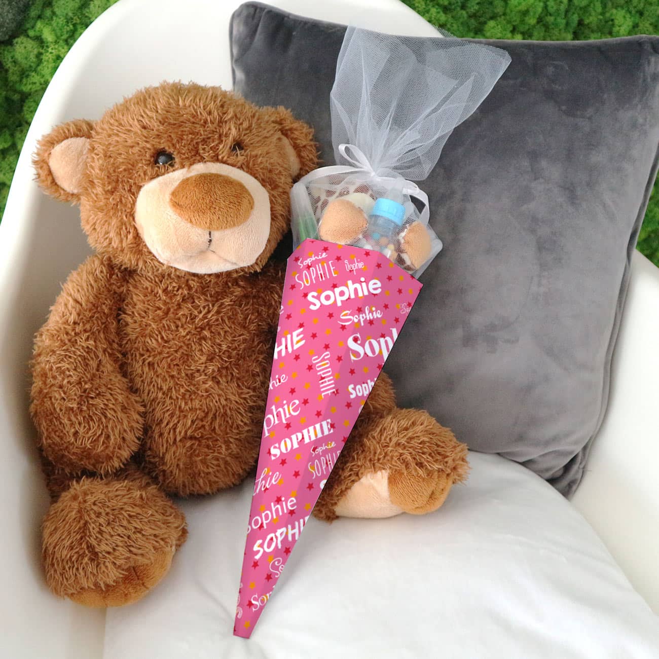 Rosafarbene Schultüte mit Personalisierung