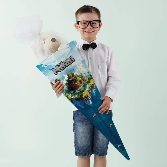 Schultüte mit Insel im Pixel-Style und Name