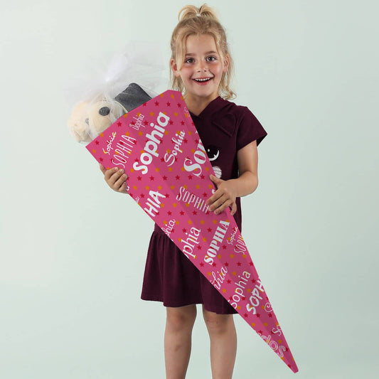 Rosa Zuckertüte mit Name in verschiedenen Schriftarten