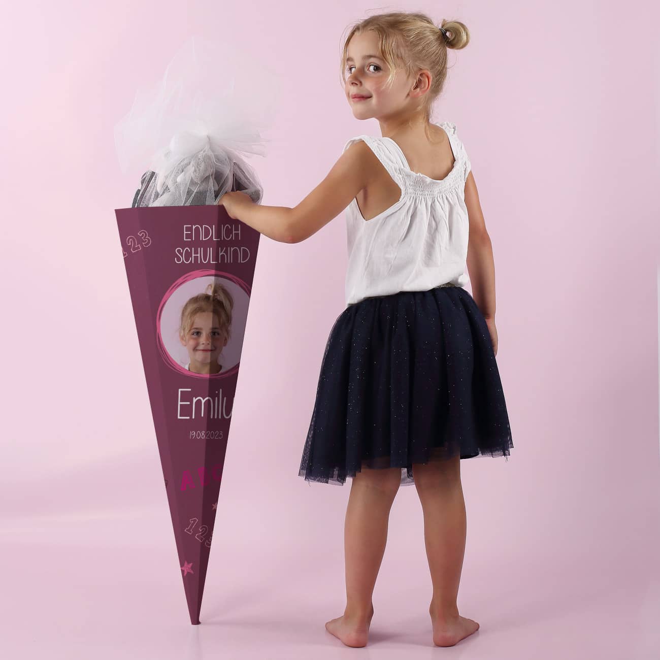 Rosane Schultüte mit Foto, Name, Datum