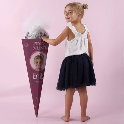 Rosane Schultüte mit Foto, Name, Datum