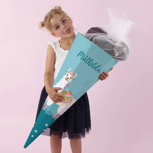 Schultüte mit Lama, Blumen und Name