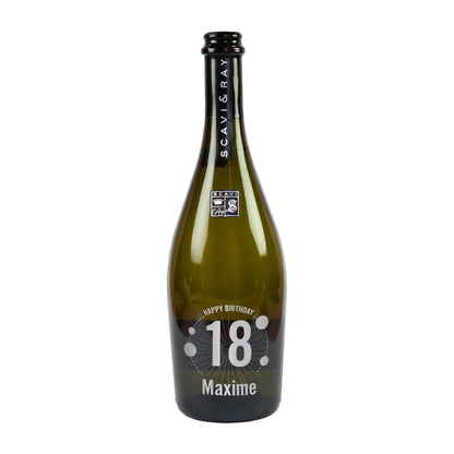Personalisierte Scavi & Ray Prosecco-Flasche zum 18. Geburtstag mit Name Maxime und Happy Birthday Motiv