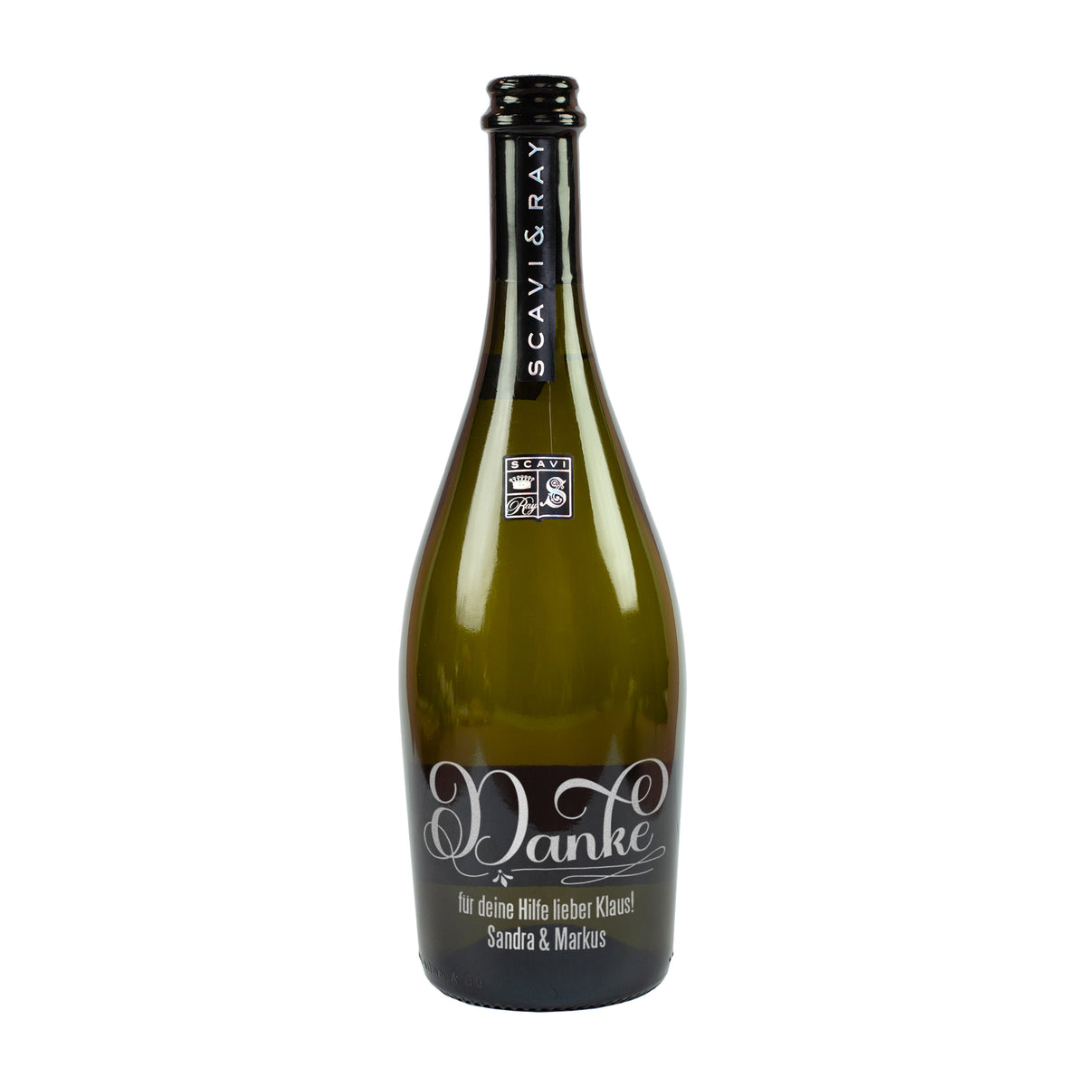 Freigestellte Scavi & Ray Prosecco-Flasche mit Danke-Gravur und personalisierbarem Wunschtext