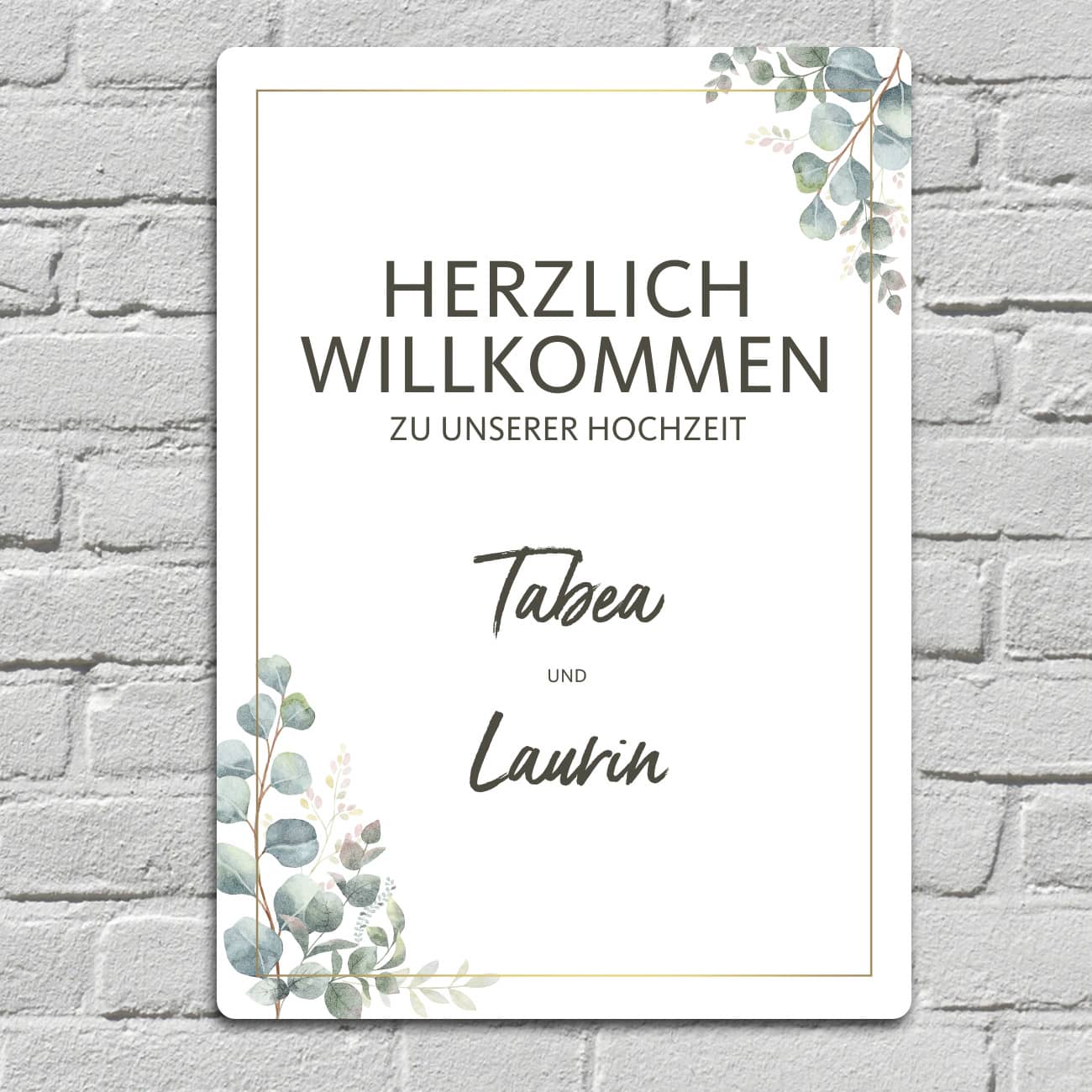 Willkommensschild zur Hochzeit mit Ihren Wunschnamen und Eukalyptusmotiv 