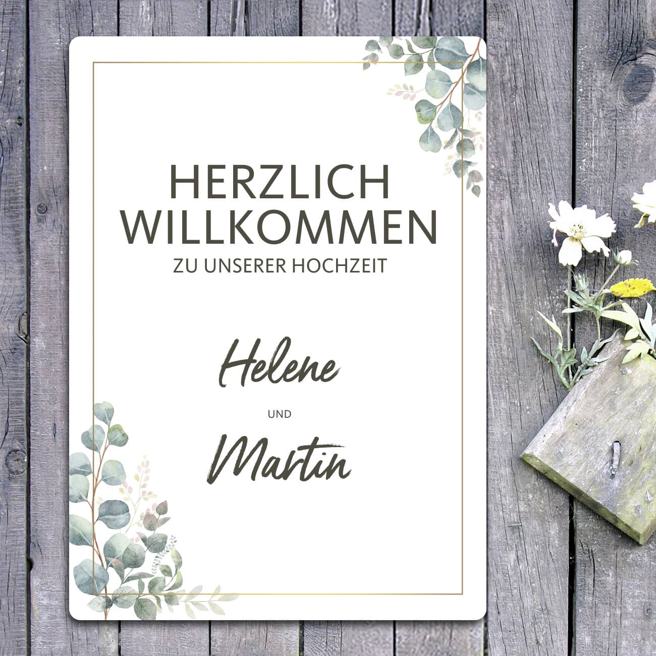 Willkommensschild zur Hochzeit mit Ihren Wunschnamen und Eukalyptusmotiv 70x50cm