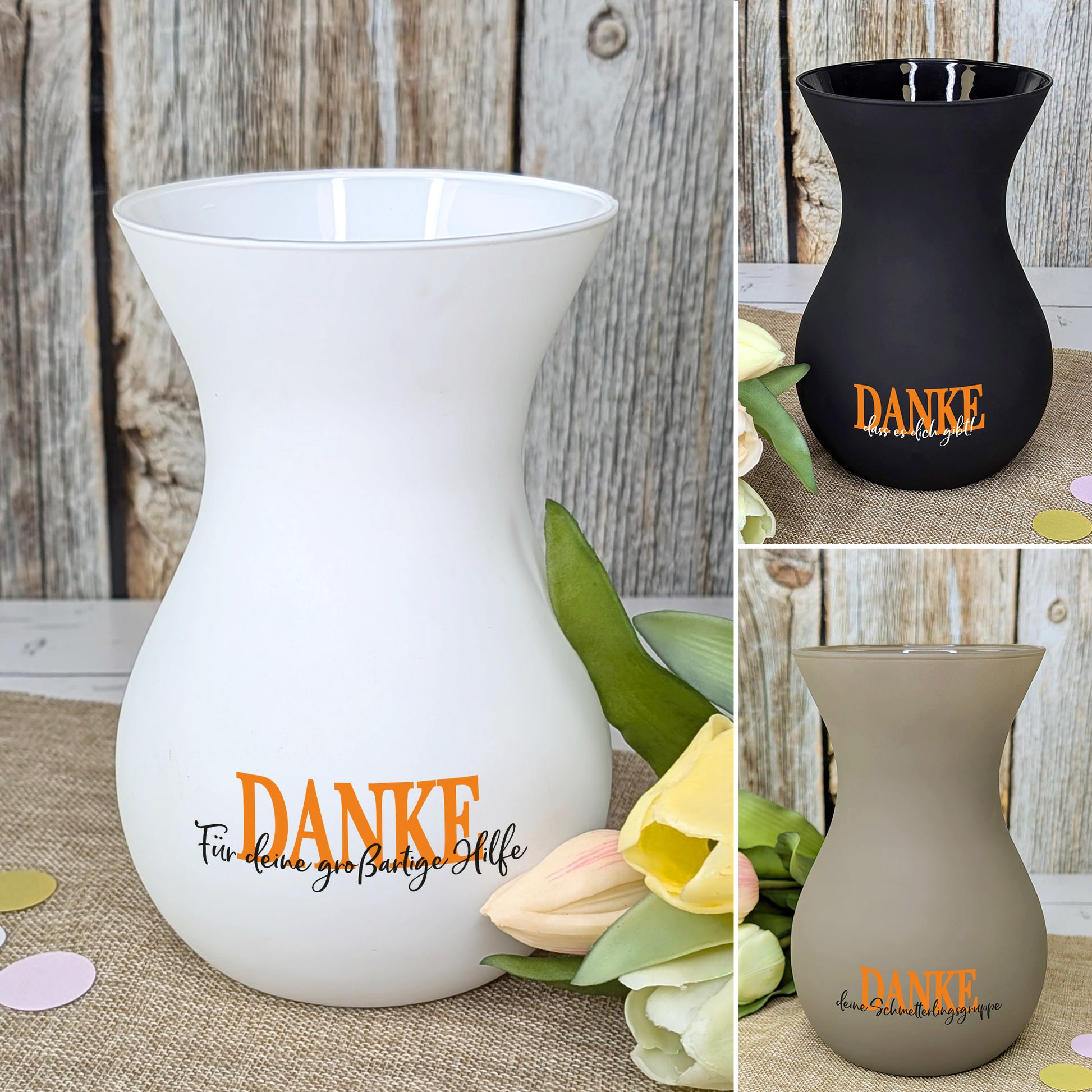 Ritzenhoff Vase mit orangefarbenem DANKE-Schriftzug und personalisierter Textzeile in allen 3 Farben dargestellt