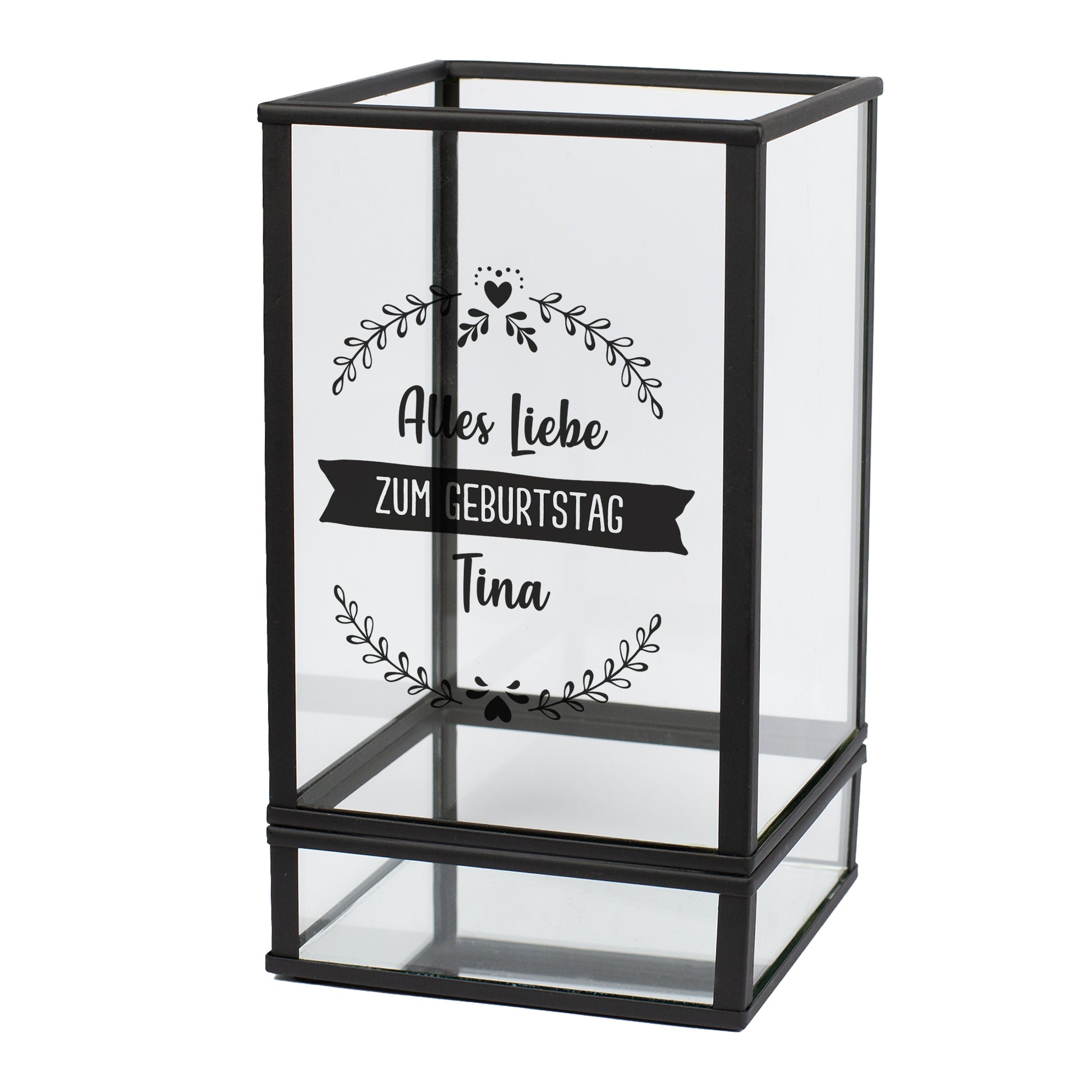 Windlicht aus Glas und Metall mit Wunschtext, rechteckige Form 10 × 10 × 17,5 cm