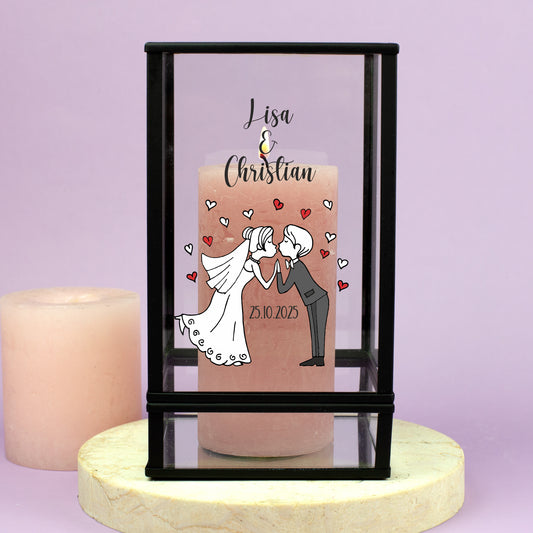 Romantisches Windlicht zur Hochzeit mit Brautpaar-Aufdruck, personalisiert mit Namen und Hochzeitsdatum
