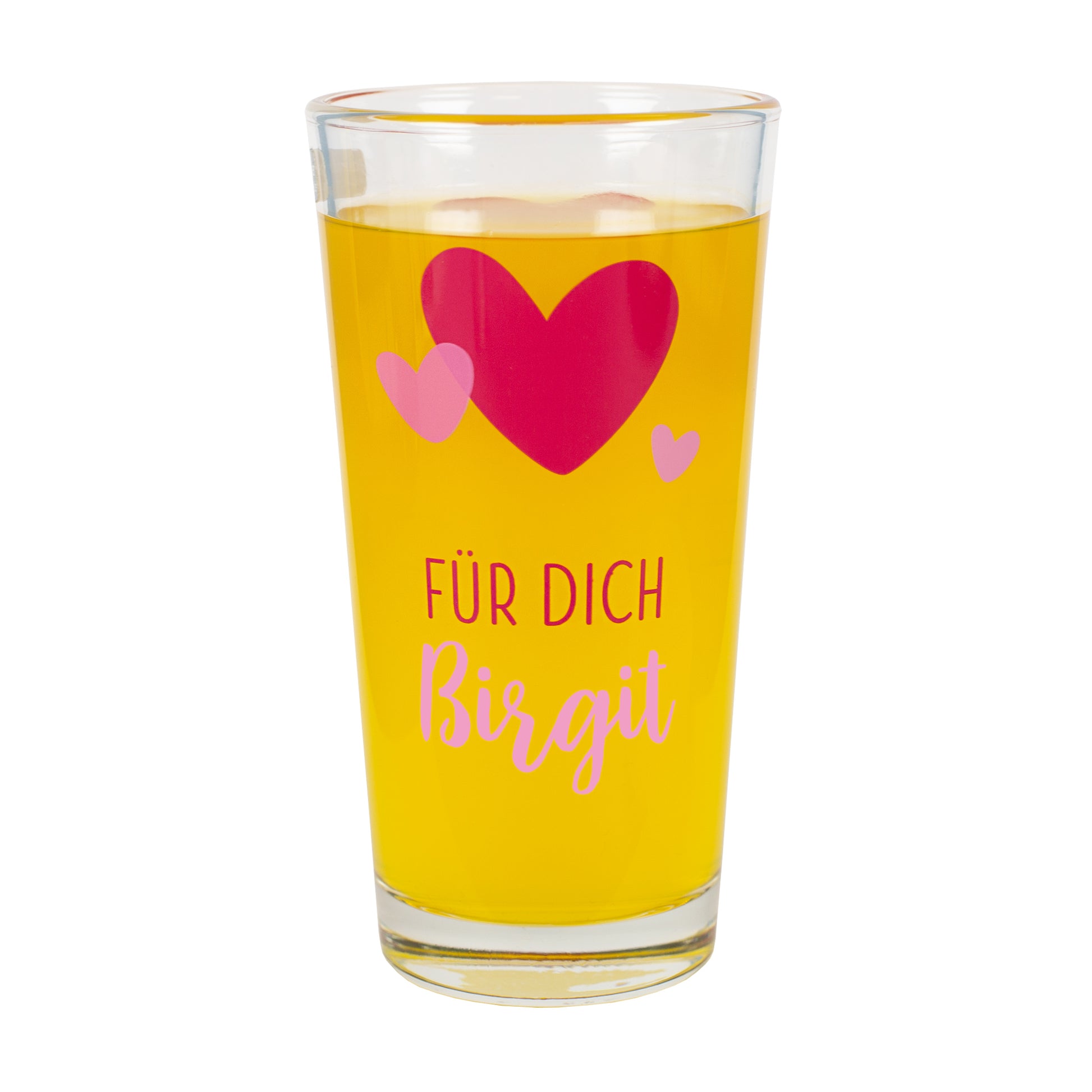 Freigestelltes Trinkglas mit Herz-Motiv und Wunschname „Birgit“