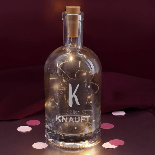 gravierte Flasche mit Initiale, Name und LED-Flaschenlicht
