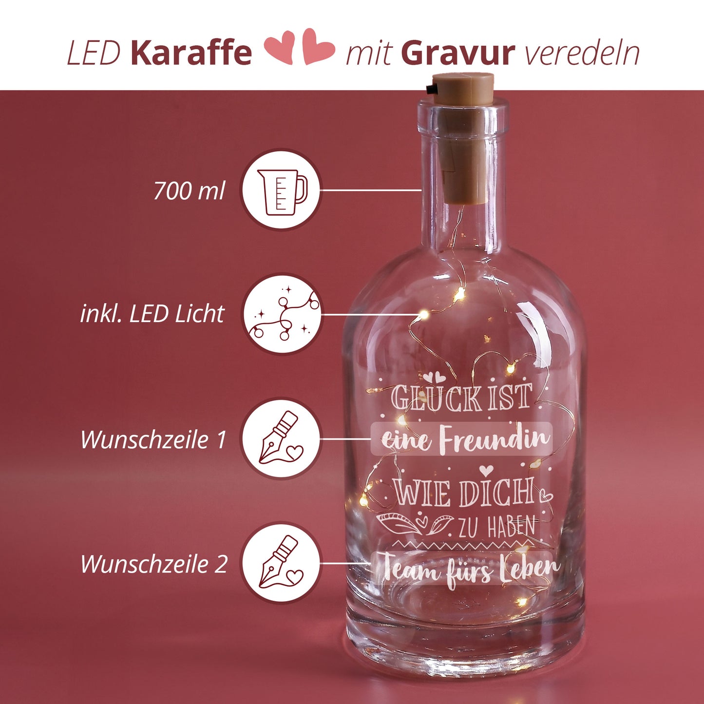Glück ist eine Freundin wie dich zu haben – gravierte Karaffe mit LED Lichterkette